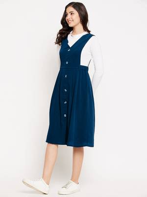 women blue solid pinafore dress with button 3