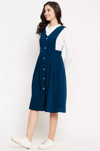 women blue solid pinafore dress with button