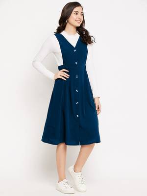 women blue solid pinafore dress with button 4