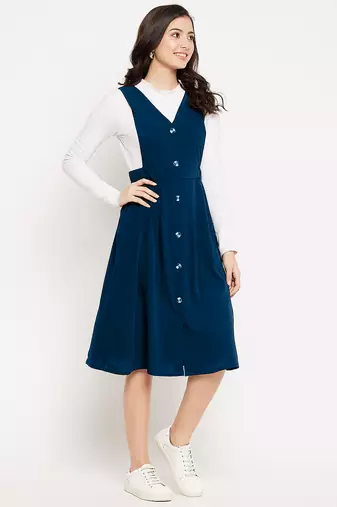 women blue solid pinafore dress with button