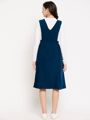 women blue solid pinafore dress with button 5