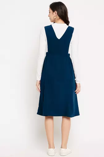 women blue solid pinafore dress with button