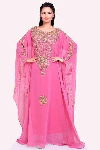 Graceful Glow: Pink Designer Stitched Kaftan With Gold Handwork Embroidery 