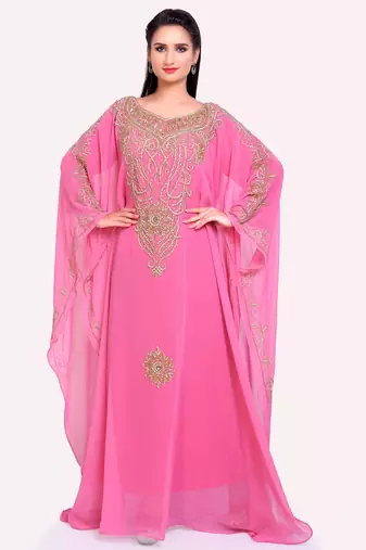 Graceful Glow: Pink Designer Stitched Kaftan With Gold Handwork Embroidery 