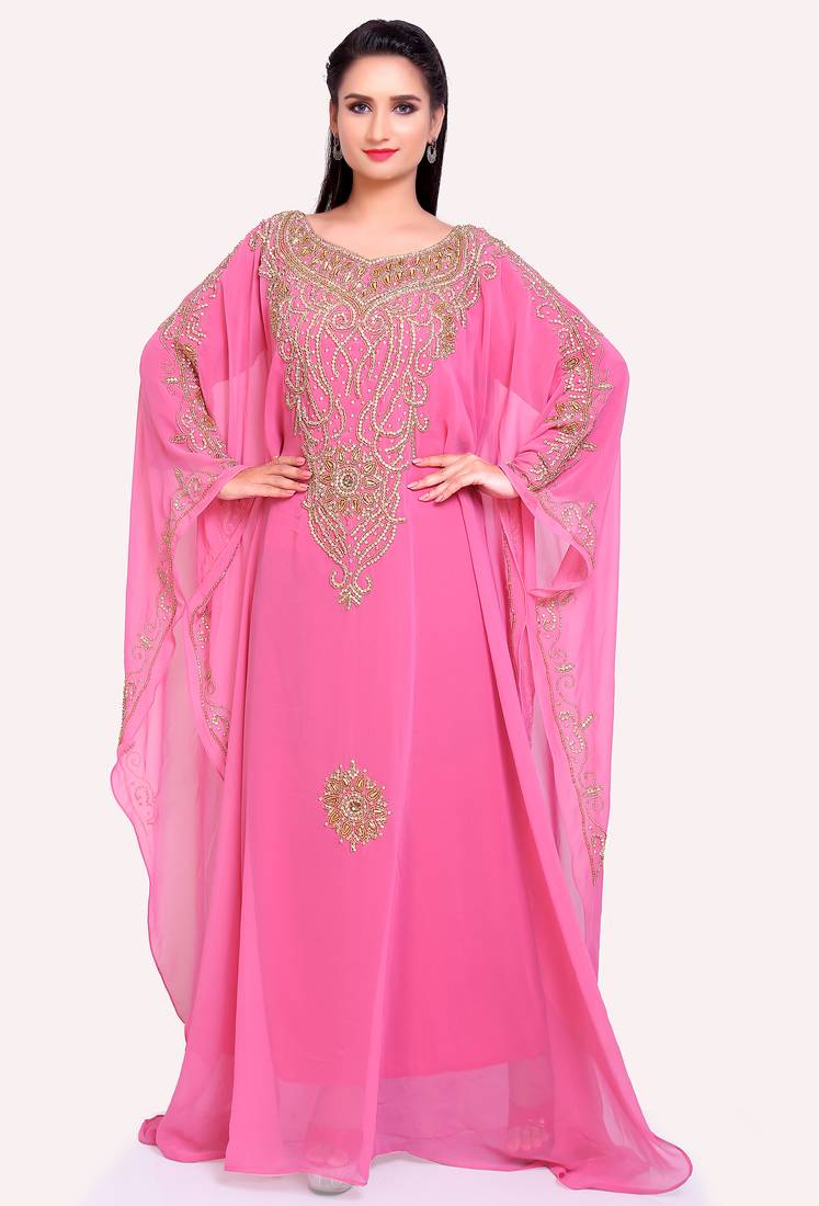 Graceful Glow: Pink Designer Stitched Kaftan With Gold Handwork Embroidery 