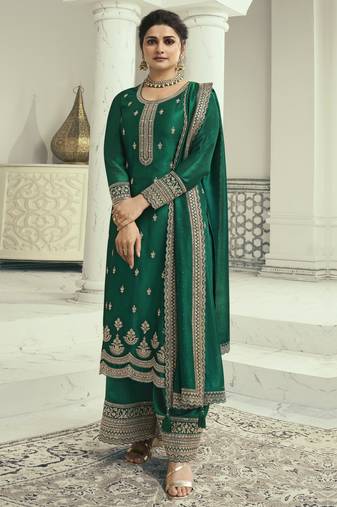 Green New Art Silk Embroidery Kurta Palazzo with Dupatta Set