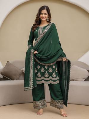 Trendmalls Green New Art Silk Embroidery Kurta Palazzo with Dupatta Set 1
