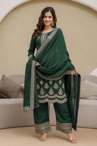 Green New Art Silk Embroidery Kurta Palazzo with Dupatta Set