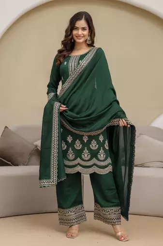 Green New Art Silk Embroidery Kurta Palazzo with Dupatta Set