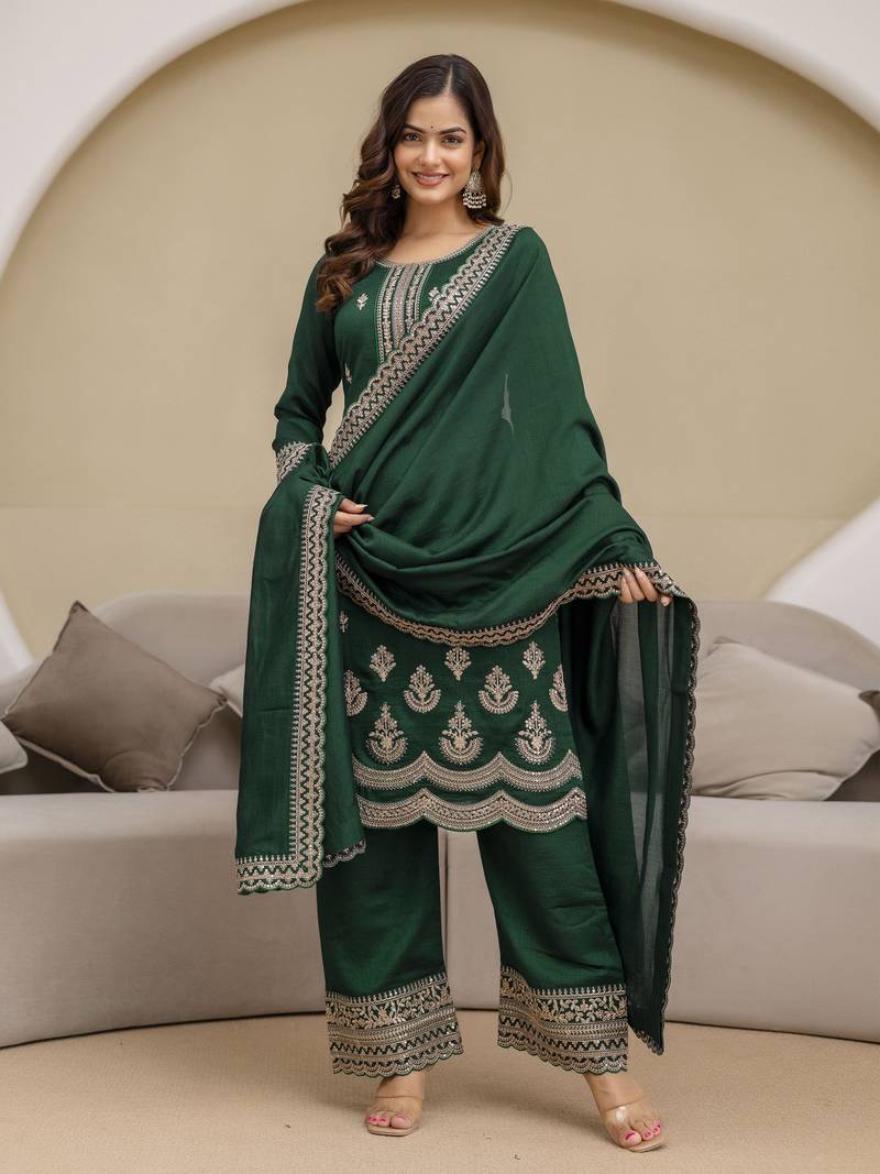 Green New Art Silk Embroidery Kurta Palazzo with Dupatta Set