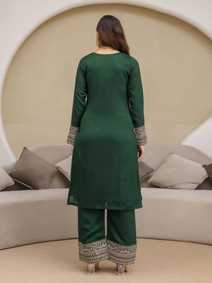 Trendmalls Green New Art Silk Embroidery Kurta Palazzo with Dupatta Set 2