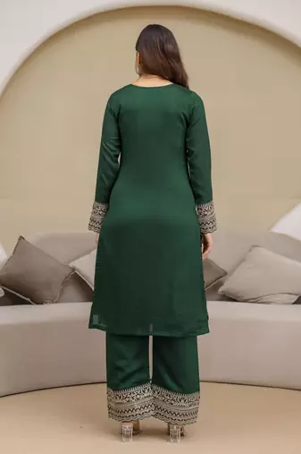 Trendmalls Green New Art Silk Embroidery Kurta Palazzo with Dupatta Set