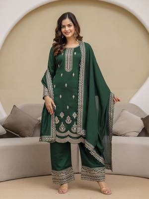 Trendmalls Green New Art Silk Embroidery Kurta Palazzo with Dupatta Set 3