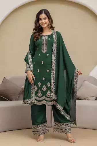 Trendmalls Green New Art Silk Embroidery Kurta Palazzo with Dupatta Set