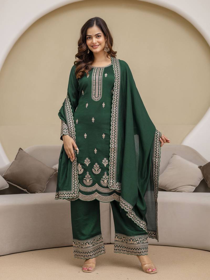 Green New Art Silk Embroidery Kurta Palazzo with Dupatta Set
