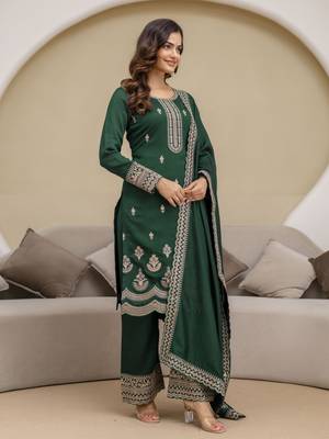 Trendmalls Green New Art Silk Embroidery Kurta Palazzo with Dupatta Set 4