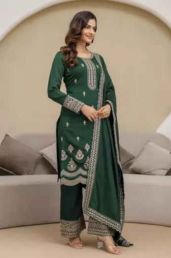 Trendmalls Green New Art Silk Embroidery Kurta Palazzo with Dupatta Set