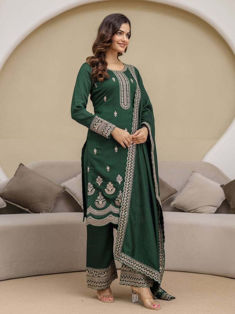 Green New Art Silk Embroidery Kurta Palazzo with Dupatta Set