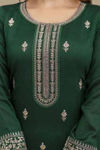 Trendmalls Green New Art Silk Embroidery Kurta Palazzo with Dupatta Set