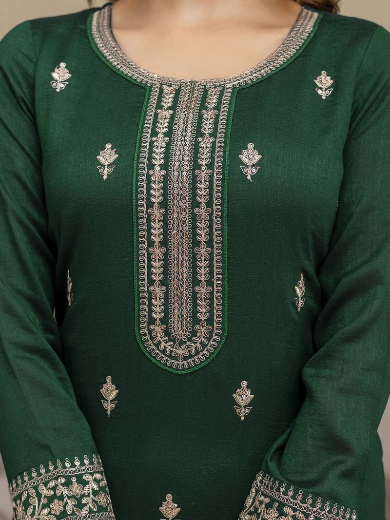 Green New Art Silk Embroidery Kurta Palazzo with Dupatta Set