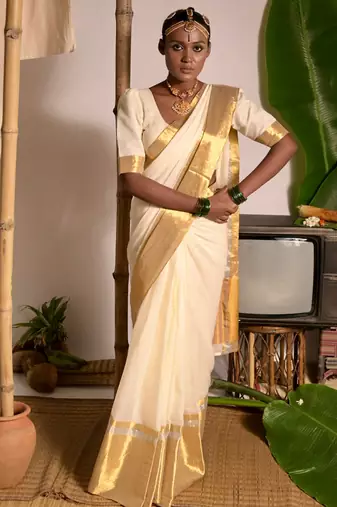 off white mul cotton handwoven saree with golden border