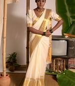 off white mul cotton handwoven saree with golden border
