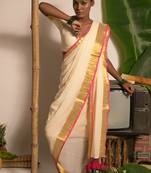 off white mul cotton handwoven saree with golden and pink border