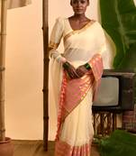 cream white cotton saree with pink and golden striped border