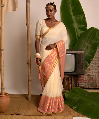 cream white cotton saree with pink and golden striped border 2
