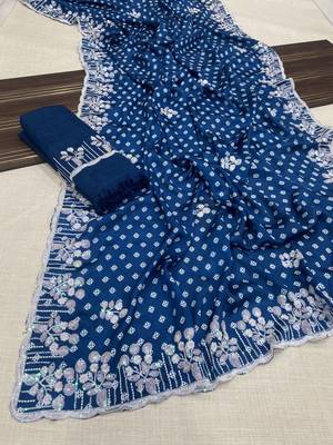 chinon silk bandhani print pallu sequin and thread work blue saree 1