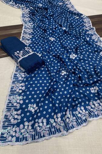 chinon silk bandhani print pallu sequin and thread work blue saree