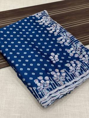chinon silk bandhani print pallu sequin and thread work blue saree 2