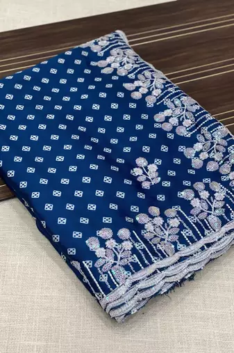 chinon silk bandhani print pallu sequin and thread work blue saree