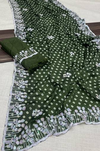 chinon silk bandhani print pallu sequin and thread work green saree