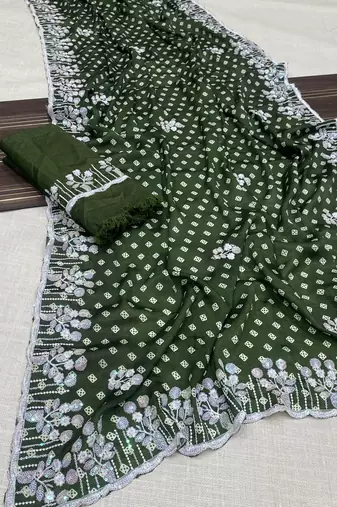 chinon silk bandhani print pallu sequin and thread work green saree