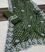 chinon silk bandhani print pallu sequin and thread work green saree