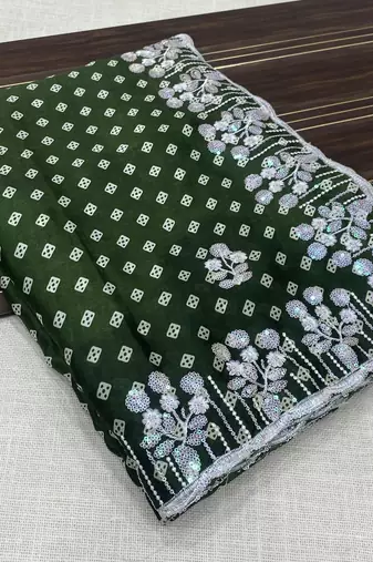 chinon silk bandhani print pallu sequin and thread work green saree