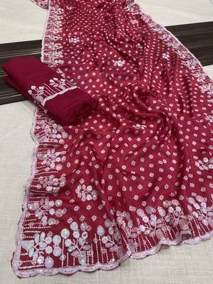chinon silk bandhani print pallu sequin and thread work red saree 1