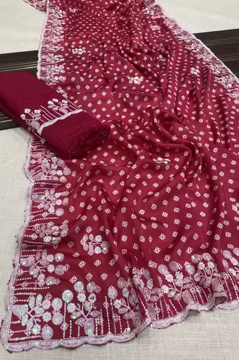 chinon silk bandhani print pallu sequin and thread work red saree