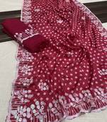 chinon silk bandhani print pallu sequin and thread work red saree