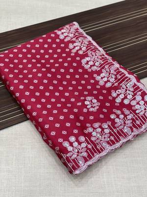 chinon silk bandhani print pallu sequin and thread work red saree 2