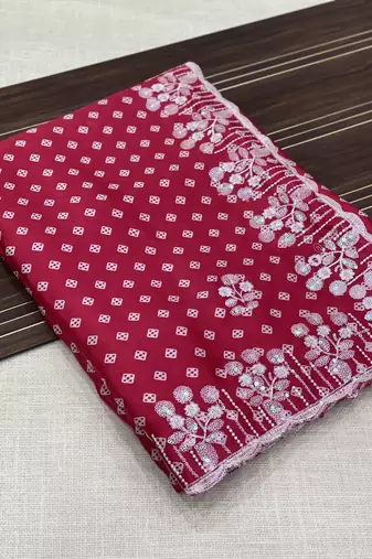chinon silk bandhani print pallu sequin and thread work red saree
