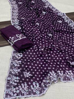 chinon silk bandhani print pallu sequin and thread work wine saree 1