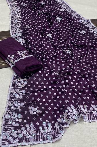 chinon silk bandhani print pallu sequin and thread work wine saree