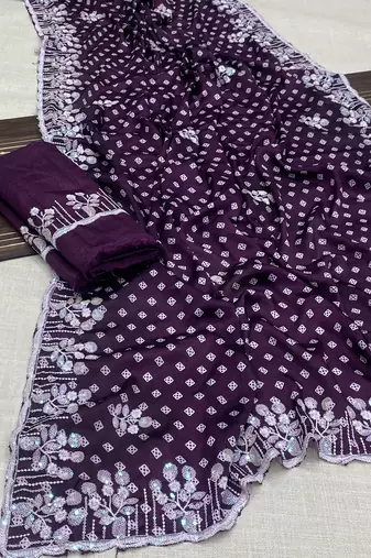 chinon silk bandhani print pallu sequin and thread work wine saree