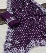 chinon silk bandhani print pallu sequin and thread work wine saree