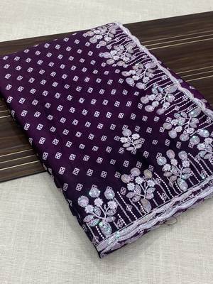 chinon silk bandhani print pallu sequin and thread work wine saree 2