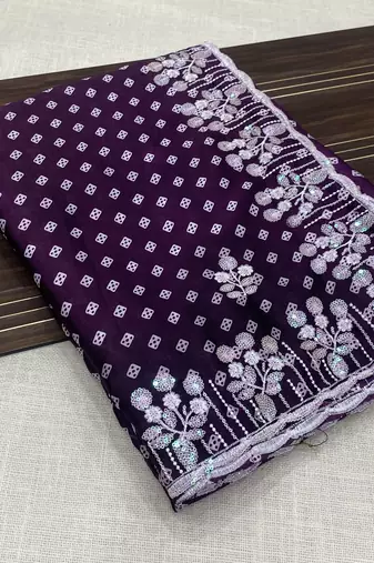 chinon silk bandhani print pallu sequin and thread work wine saree