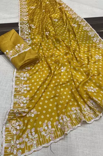 chinon silk bandhani print pallu sequin and thread work yellow saree