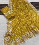 chinon silk bandhani print pallu sequin and thread work yellow saree